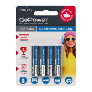 GoPower Батарейка LR03 AAA BL4 Alkaline 1.5V, мизинчиковая (4 шт)