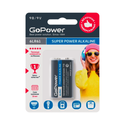 GoPower Батарейка Крона 6LR61 BL1 Alkaline 9V (1 шт)